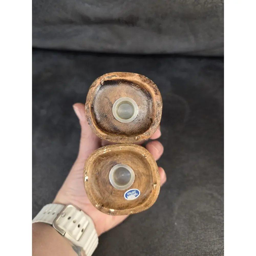 Vintage Tiki God Salt & Pepper Shakers Set Ceramic Faux Wood Style Made in Japan